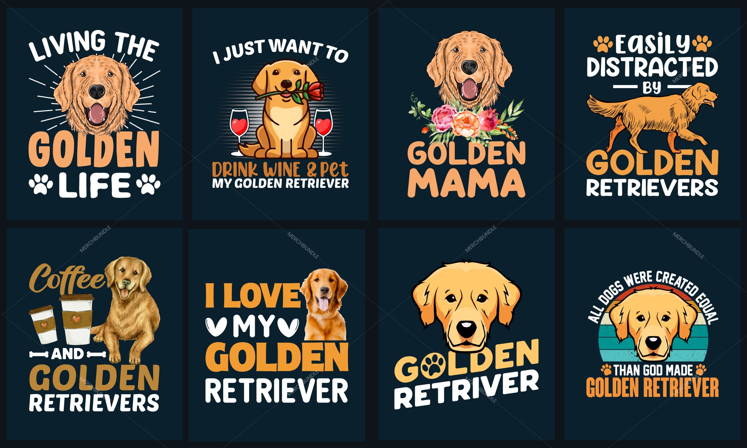 Golden Retriever T-Shirt Designs Bundle